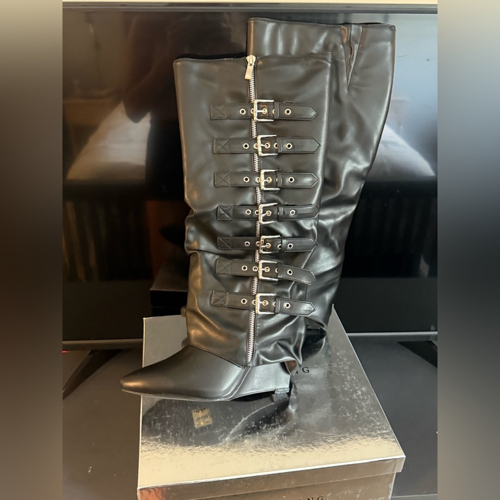 Over-the-Knee Buckle Detail Black Boots